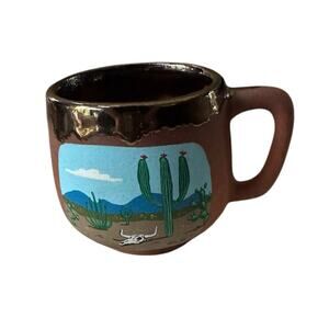 VTG Hand Painted Mexican Pottery Clay Coffee Mug Cactus Skull Southwest Design